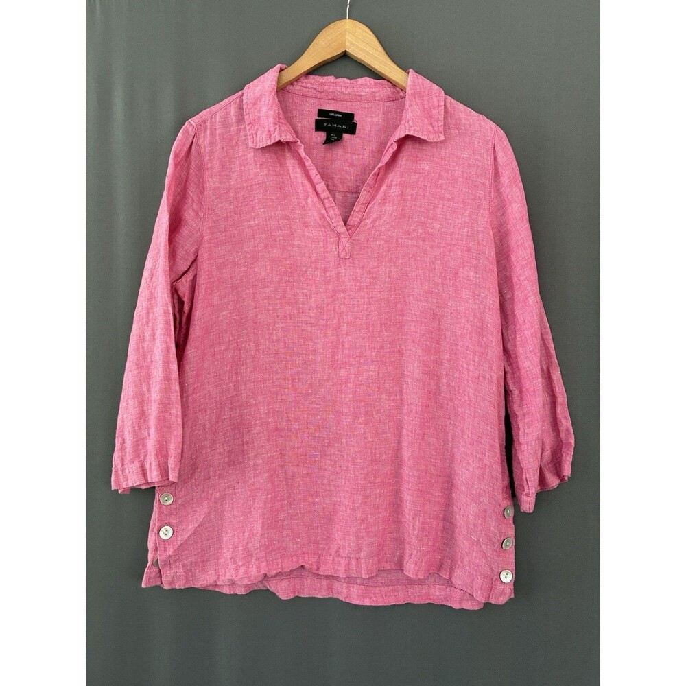 Tahari Linen Popover Top Sz L Pink Pearl Side Button Coastal Lagenlook Soft Girl